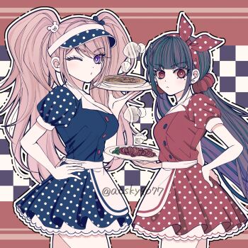 2girls :&lt; black_background black_dress blonde_hair blunt_bangs breasts cowboy_shot danganronpa:_trigger_happy_havoc danganronpa_(series) danganronpa_v3:_killing_harmony dress enoshima_junko from_side frown hairband harukawa_maki highres holding holding_plate large_breasts long_hair looking_at_viewer low_twintails maid mole mole_under_eye multiple_girls one_eye_closed plate polka_dot_headwear puffy_short_sleeves puffy_sleeves red_background red_dress red_eyes red_hairband red_scrunchie sailor_collar satori_(aosky9077) scrunchie short_sleeves smile twintails