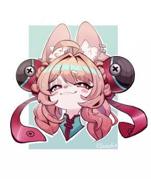 1girl ahoge animal_ear_fluff animal_ears blush_stickers braid bright_pupils furry furry_female highres imako_chan long_hair pink_hair rabbit_ears rabbit_girl red_eyes short_eyebrows smile smug thick_eyebrows twin_braids twitter_username white_fur white_pupils zenless_zone_zero zhao_(zenless_zone_zero)