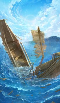 blue_background blue_sky breaking commentary day fate/grand_order fate_(series) lens_flare mast mountain no_humans official_art outdoors partially_immersed sakumamitsuro sinking sky splashing sunlight third-party_source vehicle_focus water watercraft