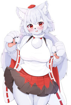 1girl :3 :d animal_ears bare_shoulders blush breasts brown_skirt claws commentary_request cowboy_shot detached_sleeves fang furrification furry furry_female grey_fur hat inubashiri_momiji large_breasts long_sleeves looking_at_viewer miniskirt open_mouth pleated_skirt pom_pom_(clothes) red_eyes red_hat red_skirt rururiaru shirt short_hair simple_background skirt sleeveless sleeveless_shirt smile snout solo tail tokin_hat touhou two-tone_skirt white_background white_hair white_shirt white_sleeves wide_sleeves wolf_ears wolf_girl wolf_tail