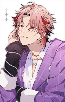 Rule 34 | 1boy, absurdres, ahoge, alternate costume, black arm warmers, checkered clothes, checkered jacket, color guide, commentary request, earrings, head rest, highres, jacket, jewelry, looking at viewer, male focus, multicolored hair, multiple earrings, necklace, nijisanji, pink hair, purple jacket, red eyes, seraph dazzlegarden, shadow, shiba twst 69, shirt, short hair, smile, solo, streaked hair, twitter username, upper body, virtual youtuber, white background, white shirt