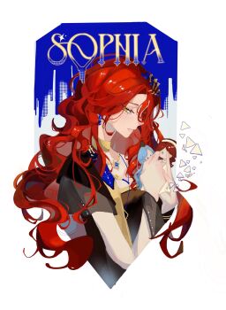 1girl 37_(reverse:1999) black_dress border character_doll character_name chinese_commentary closed_mouth commentary_request doll dress green_eyes half-closed_eyes hands_up highres hugging_doll hugging_object long_hair looking_at_viewer omaiga_aaa outside_border profile red_hair reverse:1999 solo sophia_(manus_vindictae)_(reverse:1999) sophia_(reverse:1999) upper_body white_border