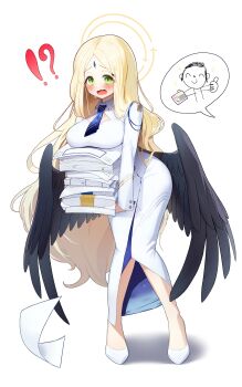 Rule 34 | !?, 1girl, absurdres, aiguillette, ayumu (blue archive), black wings, blonde hair, blue archive, blue necktie, blush, breast press, breasts, buttoned cuffs, buttons, chest cutout, collared shirt, doodle sensei (blue archive), dot nose, dress, embarrassed, feathered wings, forehead jewel, full body, furrowed brow, green eyes, halo, high heels, highres, keureu (tiqkdtiqkd10), large breasts, long hair, long sleeves, looking at viewer, low wings, necktie, open mouth, paper, paper stack, parted bangs, sensei (blue archive), shirt, side slit, simple background, solo, speech bubble, sweatdrop, tight clothes, very long hair, wardrobe error, wavy mouth, white background, white dress, white shirt, wings
