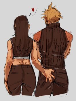 1boy 1girl assertive_female back bare_arms black_hair black_pants black_shirt blonde_hair blush cloud_strife commentary cowboy_shot crop_top crossed_arms final_fantasy final_fantasy_vii final_fantasy_vii_advent_children from_behind grabbing_another&#039;s_ass groping heart high_collar highres long_hair midriff pants shirt shoulder_blush signature simple_background sleeveless sleeveless_shirt speech_bubble spiked_hair standing strawderryst symbol-only_commentary tank_top tifa_lockhart white_background