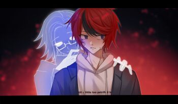 2boys aotsuki_eito black_hair black_jacket blue_eyes chinese_commentary closed_mouth clothes_writing commentary_request drawstring english_text eyelashes glasses hand_on_another&#039;s_shoulder hand_up highres hood hood_down hoodie jacket kualie_xiaozhao lapels letterboxed long_sleeves male_focus multicolored_hair multiple_boys notched_lapels open_clothes open_jacket rectangular_eyewear red_background red_hair see-through_body semi-rimless_eyewear short_hair smile streaked_hair sumino_takumi sweat the_hundred_line_-last_defense_academy- tsurime two-tone_hair variant_set white_hoodie