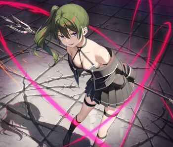 Rule 34 | 1girl, ankle boots, arm strap, arms behind back, bare shoulders, belt, black belt, black boots, black choker, black dress, boots, breasts, choker, cleavage, collarbone, commentary request, dress, green hair, highres, kantoku, leaning forward, looking at viewer, mage staff, medium breasts, o-ring, o-ring choker, off shoulder, open mouth, pleated dress, purple eyes, side ponytail, smile, solo, sousou no frieren, staff, standing, thigh strap, ubel (sousou no frieren)