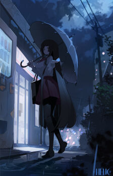 1girl absurdres black_hair bow bowtie bush chinese_commentary cloud cloudy_sky commentary_request full_body helic_(7317helic) highres hime_cut long_hair night original pantyhose pleated_skirt power_lines rain red_bow red_bowtie red_eyes red_skirt shoes skirt sky solo standing umbrella utility_pole vending_machine very_long_hair