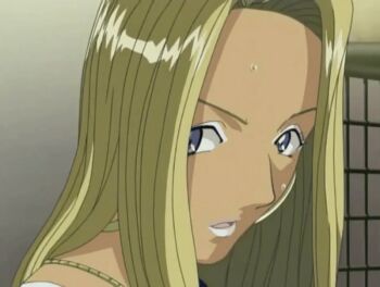 00s 2004 animal_print animated animated_gif blonde_hair cow_print cow_print_dress dark dark-skinned_female dark_skin earrings eyelashes eyeshadow ganguro gyaru hana_no_joshi_ana:_newscaster_etsuko hoop_earrings jewelry lipstick long_hair makeup mole mole_under_eye necklace purple_eyes scared surprised sweat tagme tan tanned_body wakabayashi_mayumi