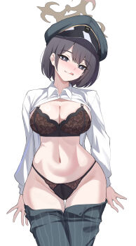 1girl absurdres black_bra black_eyes black_hair black_panties blue_archive bra breasts brown_halo cleavage clothes_pull collared_shirt commentary cowboy_shot dress_shirt green_hat halo hat highres hiromi_(blue_archive) kurochomo lace lace_bra large_breasts licking_lips long_sleeves looking_at_viewer open_clothes open_shirt panties pants pants_pull peaked_cap shirt short_hair simple_background solo striped_clothes striped_pants tongue tongue_out underwear untranslatable_commentary white_background white_shirt