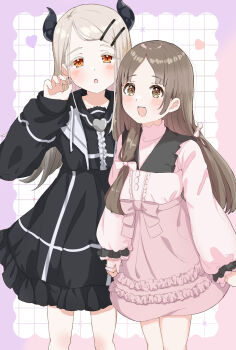 2girls :o black_dress black_jacket blush border bow brown_eyes brown_hair center_frills checkered_background collarbone colored_eyelashes commentary_request cowboy_shot demon_horns drawstring dress dress_bow earrings frills gakuen_idolmaster gradient_border grey_hair hair_bow hair_ornament hairclip hand_up heart highres holding_hands horns idolmaster jacket jewelry kuramoto_china long_hair long_sleeves looking_at_viewer multiple_girls open_clothes open_jacket open_mouth orange_eyes outside_border parallel_hairclips pink_bow pink_dress puffy_long_sleeves puffy_sleeves raichita shinosawa_hiro short_dress smile stud_earrings swept_bangs