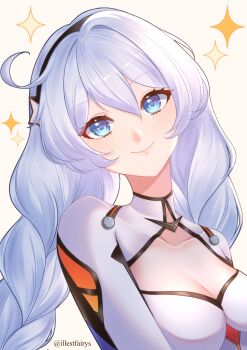 1girl absurdres ahoge blue_eyes bodysuit braid breasts cleavage commentary english_commentary highres honkai_(series) honkai_impact_3rd illestfairys kiana_kaslana kiana_kaslana_(white_comet) medium_breasts skin_tight smile solo star_(symbol) twin_braids twintails twitter_username upper_body white_background white_bodysuit white_hair
