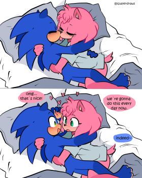 1boy 1girl amy_rose animal_ears animal_nose aqua_eyes arm_around_neck arm_around_waist barefoot blue_fur blush coat couple eye_contact furry furry_female furry_male green_eyes hand_on_another's_back hand_on_another's_neck heart hedgehog_boy hedgehog_girl highres hospital_gown hug kiss long_eyelashes looking_at_another lying mutual_hug on_bed on_side pillow pink_fur quaverdraws resting short_hair smile sonic_(series) sonic_the_hedgehog surprised twitter_username white_coat