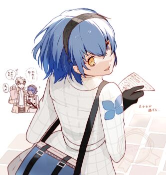 Rule 34 | 2boys, androgynous, black gloves, black hairband, blue bag, blue hair, bright pupils, commentary request, from above, gloves, hairband, heterochromia, holding, holding paper, horage love, jacket, looking back, male focus, metaphor: refantazio, multiple boys, open mouth, paper, protagonist (metaphor: refantazio), smile, strohl (metaphor: refantazio), translation request, walking, white jacket, white pupils