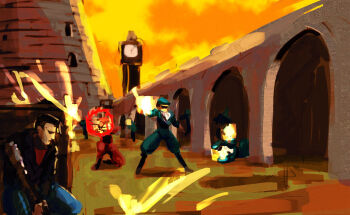 1boy black_jacket bodyguard denim firing gameplay_mechanics gun handgun holding holding_gun holding_weapon ibdinosaur jacket jeans namco painting_(medium) pants richard_miller sky sunset time_crisis time_crisis_(series) traditional_media weapon yellow_sky