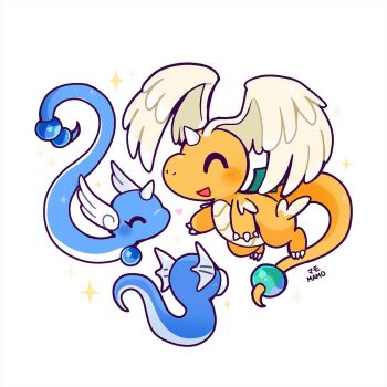blue_skin chibi closed_eyes colored_skin cosplay dragonair dragonite dratini evolutionary_line feathered_wings gen_1_pokemon head_wings highres horns mamobot mega_dragonite nintendo open_mouth orange_skin pokemon pokemon_(creature) simple_background single_horn sparkle white_background white_horns white_wings wings