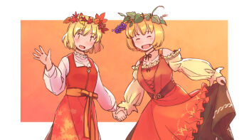 2girls :d aki_minoriko aki_shizuha alternate_costume belt black_ribbon black_skirt blonde_hair blush border brown_belt brown_eyes closed_eyes collar collarbone commentary_request dress food-themed_hair_ornament frilled_collar frills grape_hair_ornament hair_ornament leaf_hair_ornament leaf_ornament long_sleeves multiple_girls neck_ribbon off-shoulder_shirt off_shoulder open_mouth orange_background orange_belt rangycrow red_dress ribbon shirt short_hair skirt skirt_hold smile touhou waving white_border white_shirt yellow_shirt |_|