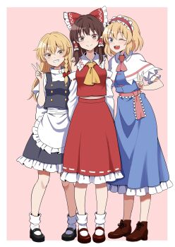 Rule 34 | 3girls, alice margatroid, apron, ascot, black shoes, black skirt, black vest, blonde hair, blue dress, blue eyes, boots, bow, braid, brown boots, brown eyes, brown hair, brown shoes, capelet, closed mouth, commentary, detached sleeves, dress, frilled bow, frilled dress, frilled hair tubes, frilled hairband, frilled skirt, frills, full body, grin, hair bow, hair tubes, hairband, hakurei reimu, highres, kirisame marisa, kiyo (kiyo mariari), long hair, mary janes, missing headwear, multiple girls, one eye closed, open mouth, pink ascot, puffy short sleeves, puffy sleeves, red bow, red hairband, red skirt, ribbon-trimmed skirt, ribbon-trimmed sleeves, ribbon trim, shoes, short sleeves, side braid, single braid, skirt, skirt set, smile, socks, touhou, v, vest, waist apron, white apron, white capelet, white socks, yellow ascot, yellow eyes