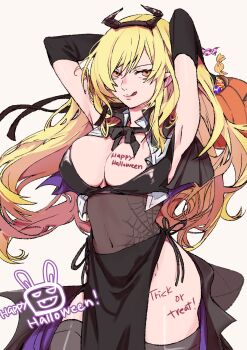 1girl armpits bare_shoulders black_thighhighs blonde_hair breasts cleavage elbow_gloves gloves halloween highres kiss-shot_acerola-orion_heart-under-blade kizumonogatari large_breasts long_hair looking_at_viewer monogatari_(series) oshino_shinobu pointy_ears ribbon simple_background smile solo thighhighs usa003uni vampire very_long_hair yellow_eyes