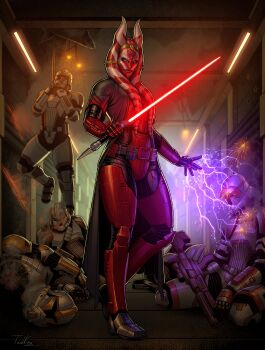 Rule 34 | 1girl, 4boys, absurdres, alien, armor, blue eyes, colored skin, electricity, electrokinesis, energy sword, gun, helmet, highres, holding, holding sword, holding weapon, indoors, lightsaber, looking at viewer, multiple boys, red lightsaber, red skin, science fiction, signature, sith, star wars, sword, t0adking, telekinesis, togruta, weapon