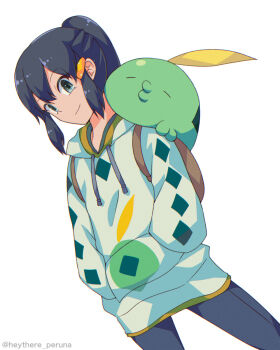 Rule 34 | 1girl, animal, animal on shoulder, artist name, backpack, bag, black hair, black pants, commentary request, dawn (pokemon), gen 3 pokemon, gulpin, hair ornament, hairclip, hands in pocket, highres, hood, hood down, hooded jacket, hoodie, jacket, looking at viewer, nintendo, pants, pokemon, pokemon (creature), ponytail, sidelocks, smile, standing, white background