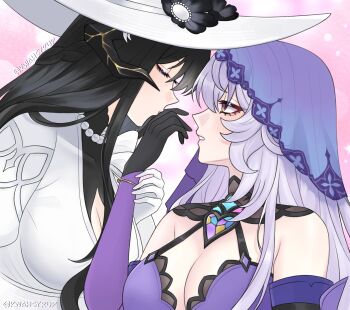 2girls bare_shoulders black_gloves black_hair black_swan_(honkai:_star_rail) blush breasts cleavage closed_eyes commentary demon_horns dress elbow_gloves english_commentary gloves hand_up hat highres honkai:_star_rail honkai_(series) horns kiss kissing_hand kwahsyrup large_breasts long_hair multiple_girls purple_dress purple_eyes purple_hair purple_veil sun_hat the_dahlia_(honkai:_star_rail) twitter_username veil white_dress white_hat yuri