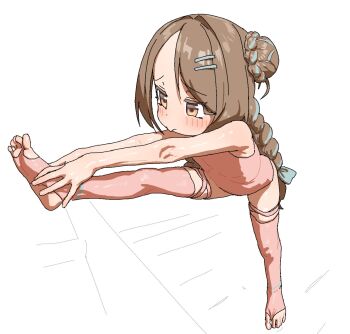 1girl azmira1534815 blue_hair braid braided_bun bridal_legwear brown_eyes brown_hair closed_mouth full_body furrowed_brow hair_bun hair_ornament hairclip hands_on_own_feet highres leg_up leotard multicolored_hair original pink_leotard pink_thighhighs shiny_skin single_hair_bun solo standing standing_on_one_leg streaked_hair stretching thighhighs twin_braids white_background