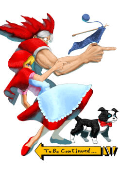 2girls absurdres b.b._hood blonde_hair commentary darkstalkers dog grandmother_and_granddaughter highres jojo_no_kimyou_na_bouken jojo_pose multiple_girls nojob_hiro round_eyewear simple_background to_be_continued white_background yarn yarn_ball