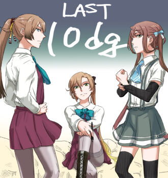 10s 3girls akigumo_(kancolle) asagumo_(kancolle) brown_eyes brown_hair green_eyes kantai_collection kazagumo_(kancolle) long_hair multiple_girls pantyhose ponytail school_uniform smile sv thighband_pantyhose thighhighs twintails