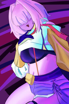 1girl :3 absurdres black_gloves blonde_hair breasts commentary elegg_(nikke) fang gloves goddess_of_victory:_nikke hair_intakes hair_over_eyes highres long_sleeves midriff open_mouth polarokart short_hair sitting smile