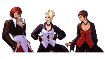 2girls blonde_hair blue_eyes breasts brown_eyes brown_hair cleavage dark-skinned_female dark_skin dress earrings female_focus formal_clothes hair_bun hands_on_own_hips highres huge_breasts jewelry large_breasts long_hair mature_(kof) multiple_girls pale_skin red_eyes red_hair short_hair skirt smile suit tan the_king_of_fighters thick_thighs thighs vice_(kof) wide_hips yagami_iori