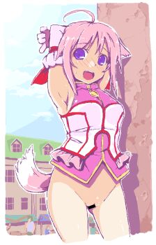 Rule 34 | 1girl, ahoge, animal ears, armpits, arms behind head, arms up, bar censor, blue sky, blush, bodice, bottomless, building, censored, cleft of venus, cloud, commentary request, cropped legs, day, dog days, dog ears, dog girl, dog tail, elbow gloves, embarrassed, exhibitionism, faceless, furrowed brow, gloves, himizuki kazusa, looking at viewer, market stall, millhiore f. biscotti, no panties, nose blush, open mouth, outdoors, partial commentary, people, pink hair, public indecency, purple eyes, purple gloves, purple shirt, pussy, shirt, sideways glance, sky, sleeveless, sleeveless shirt, solo focus, standing, sweatdrop, tail, teeth, upper teeth only, window