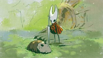 1girl arthropod_girl black_skin cloak colored_skin corpse full_body grass highres holding holding_weapon hollow_eyes hollow_knight hollow_knight:_silksong horned_mask hornet_(hollow_knight) horns looking_down mask nature needle_(hollow_knight) no_humans no_mouth ooexist pilby_(hollow_knight) red_cloak standing weapon white_mask