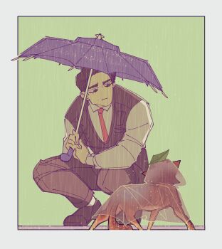 1boy black_eyes black_pants black_vest border e.g.o_(project_moon) full_body fuw_omu green_background highres holding holding_umbrella limbus_company looking_at_viewer male_focus meursault_(project_moon) pants project_moon rain raincoat red_eyes see-through_clothes see-through_raincoat short_hair solo squatting sunshower_(e.g.o) umbrella vest white_border