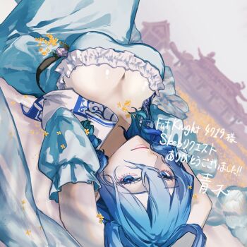 1girl absurdres blue_dress blue_eyes blue_hair breasts cleavage commission dress hair_ornament hair_rings hair_stick highres ika_(ikachan_334) kaku_seiga large_breasts looking_at_viewer shawl short_sleeves skeb_commission smile solo touhou vest