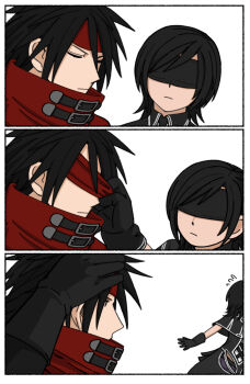 10h_(nier_reincarnation) 10h_(nier_reincarnation)_(cosplay) 1boy 1girl black_capelet black_dress black_gloves black_hair blindfold capelet cloak closed_eyes closed_mouth cosplay dress final_fantasy final_fantasy_vii final_fantasy_vii:_ever_crisis flying_sweatdrops gloves headband highres long_hair nier_(series) nier_reincarnation official_alternate_costume red_cloak red_headband s_m_man sequential short_hair spiked_hair upper_body vincent_valentine yuffie_kisaragi yuffie_kisaragi_(savior_ensemble)