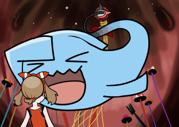 &gt;_&lt; 1girl absurdres brown_hair charlotte_(madoka_magica) charlotte_(madoka_magica)_(cosplay) cosplay facing_away fork frostcyco gen_2_pokemon gen_3_pokemon highres looking_at_another mahou_shoujo_madoka_magica mahou_shoujo_madoka_magica_(anime) mami_mogu_mogu marshtomp nintendo open_mouth parody pokemon pokemon_(creature) pokemon_oras red_ribbon red_shirt ribbon shirt short_hair wobbuffet