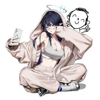 1boy 1girl :p black_hair blue_archive blue_eyes blue_halo blush breasts cleavage dong_(art_woodong) doodle_sensei_(blue_archive) full_body glasses grey_shoes grey_sports_bra halo highres hood hood_up hooded_jacket indian_style jacket large_breasts long_hair looking_at_phone midriff navel open_clothes open_jacket pants phone pink_jacket pink_pants pointy_ears rin_(blue_archive) round_eyewear sensei_(blue_archive) shoes sitting sneakers sports_bra taking_picture tongue tongue_out v v_over_eye