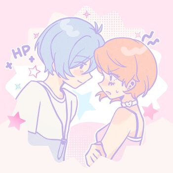 1boy 1girl abcd0060 bare_shoulders blue_hair blush blush_stickers breasts brown_hair camisole chinese_commentary choker closed_mouth commentary_request crossed_arms digital_media_player earrings eye_contact from_side heart heart_choker jewelry looking_at_another medium_breasts official_alternate_costume pearl_earrings persona persona_3 persona_3_reload pink_camisole profile shirt short_hair smile spaghetti_strap sparkle star_(symbol) stud_earrings sweatdrop takeba_yukari upper_body white_choker white_shirt yuuki_makoto_(persona_3)