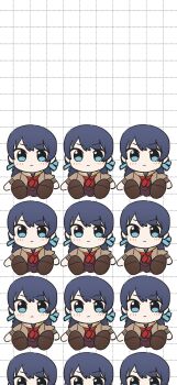 &gt;:( 1girl blue_eyes blue_hair blue_ribbon blush brown_dress character_doll chibi chibi_only commentary_request doll dotted_line dress grid_background hair_ribbon hasu_no_sora_school_uniform highres kuripan_plushie light_frown link!_like!_love_live! long_hair long_sleeves looking_at_viewer love_live! low_twintails multiple_views murano_sayaka nagisa_iori neckerchief red_neckerchief ribbon sailor_collar sailor_dress school_uniform twintails v-shaped_eyebrows virtual_youtuber white_background white_sailor_collar winter_uniform