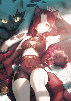 1girl animal_ears arm_up black_cat breasts cat cat_ears cleavage covered_navel drawing_(object) earrings feet_out_of_frame gold_trim hair_over_one_eye highres jewelry knee_up long_hair looking_at_viewer lying on_back original pen pencil pocket_watch red_hair red_nails sho_(sumika) small_breasts solo tail watch yellow_eyes