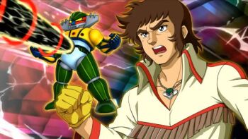 1970s_(style) black_eyes crossover jewelry koutetsu_jeeg mature_male mecha medium_hair official_art oldschool retro_artstyle robot science_fiction shiba_hiroshi super_robot_wars