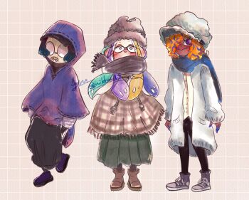 3girls alternate_costume aqua_hair black_footwear black_pants blonde_hair blue_hair blue_hoodie blush brown_footwear coat covered_mouth glasses grey_footwear grey_hat grey_scarf hair_over_one_eye hat highres hood hood_up hoodie long_hair long_sleeves multiple_girls nintendo orange_hair pants patterned_hair plaid purple_hair round_eyewear scarf sharp_teeth signature splatoon_(series) splatoon_3 tao_blu teeth tentacle_hair tosh_(splatoon) twitter_username white_coat wide_shot wildcard1_4 yoko_(splatoon)