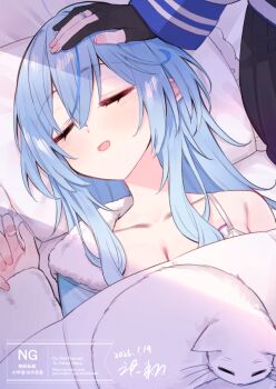 2girls amane_kanata aqua_hair black_gloves breasts cleavage collarbone commentary_request fingernails gloves hand_on_another's_head hikawa_shou hololive lying multiple_girls open_clothes open_mouth partially_fingerless_gloves pointy_ears sleeping smile solo_focus virtual_youtuber yukihana_lamy yukihana_lamy_(roomwear)