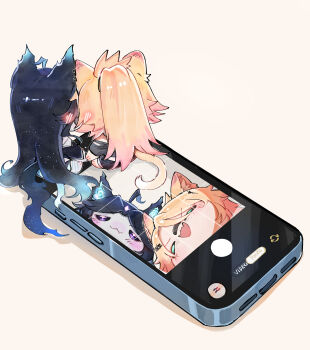 Rule 34 | 2girls, absurdres, ahoge, animal ears, bandaid, bandaid on face, bandaid on nose, black hair, blonde hair, blue eyes, blue hair, cat ears, cat girl, cat tail, cellphone, chibi, figures taking selfie (meme), fufu (vtuber), gradient hair, harukami 2277, highres, indie virtual youtuber, long hair, meme, multicolored hair, multiple girls, obkatiekat, open mouth, phone, pink hair, ponytail, purple eyes, sitting, smartphone, tail, virtual youtuber, white background