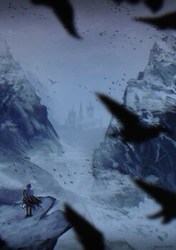 1boy absurdres bird blue_hair castle commentary_request flins_(genshin_impact) floating_hair genshin_impact highres holding holding_lantern lantern long_hair mountain scenery standing uwazumi_yodomi very_long_hair