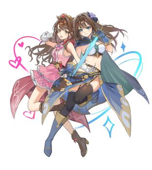 Rule 34 | 2girls, ariko (aaaaarik), armor, belt, black thighhighs, blue boots, blue eyes, blue gloves, blush, boots, breasts, brown boots, brown eyes, brown hair, cape, closed mouth, commentary, english commentary, flower, gloves, granblue fantasy, hair between eyes, heart, high heel boots, high heels, highres, holding, holding sword, holding weapon, idolmaster, idolmaster cinderella girls, leg up, long hair, medium breasts, midriff, multiple girls, navel, one side up, open mouth, purple flower, shibuya rin, shimamura uzuki, simple background, sword, thighhighs, tiara, v, weapon, white background, white gloves