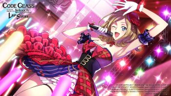 1girl arm_up armband armpits blonde_hair blue_eyes blush bow bowler_hat bowtie breasts choker cleavage code_geass code_geass:_lost_stories commentary_request cowboy_shot curtains door dress dutch_angle f4samurai flower game_cg gloves glowing glowstick hand_up happy hat hat_flower highres holding holding_microphone idol idol_clothes indoors layered_dress legs_together light_blush medium_breasts medium_hair microphone milly_ashford mini_hat official_art one_eye_closed open_mouth parted_bangs plaid_clothes plaid_dress red_bow red_bowtie red_choker red_dress red_flower red_hat red_rose ribbon-trimmed_dress ribbon_trim rose sash shiny_skin short_dress sidelocks smile solo sparkle stage_lights standing strapless strapless_dress thigh_strap thighs tilted_headwear white_gloves