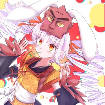 1girl animal_ears bare_shoulders black_dress black_sleeves blush detached_sleeves dress drill_hair fake_animal_ears floppy_ears hair_ribbon hands_up highres japanese_clothes kimono kimono_dress long_hair long_sleeves looking_up mask mask_on_head mouth_hold multicolored_dress onikko_hunter_tsuina-chan orange_dress orange_eyes parted_bangs pink_hair pointy_ears rabbit_ears red_dress red_mask red_ribbon red_sleeves ribbon sash sidelocks sleeveless sleeveless_dress solo stalk_in_mouth tsuina-chan twin_drills twitter_username two-tone_sleeves very_long_hair voiceroid white_sash wide_sleeves yomiwata2