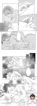 2boys absurdres bite_mark bite_mark_on_breast blush censored ergogida genshin_impact greyscale groping_breast highres implied_sex interlocked_fingers intertwined_hands kiss kissing_neck male_focus monochrome multiple_boys nipple_stimulation nipple_tweak nipples nude piercing sex tartaglia_(genshin_impact) tongue tongue_piercing twitter white_background yaoi zhongli_(genshin_impact)