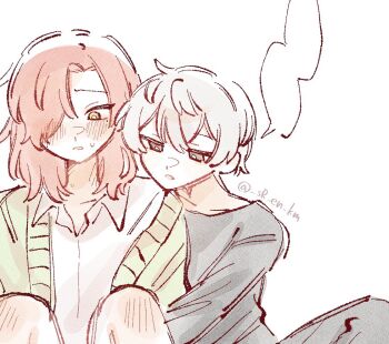 Rule 34 | 2boys, black pants, black shirt, blank speech bubble, blush, cardigan, collared shirt, commentary request, green cardigan, grey eyes, hair over one eye, hyoutenka 30-do no zetsubou, implied handjob, knees up, kuchinashi dabi, looking at another, looking at self, looking down, male focus, medium hair, mole, mole under eye, multiple boys, no pants, open cardigan, open clothes, open collar, pants, parted lips, red hair, shirt, simple background, single off shoulder, sitting, speech bubble, sr en km, sweat, tonimura yui, upper body, white background, white hair, white shirt, yaoi, yellow eyes